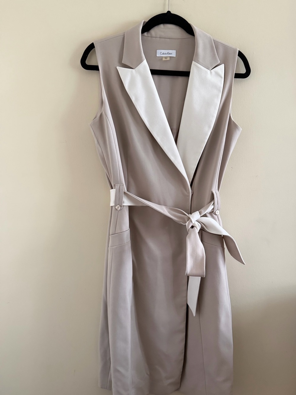 Calvin Klein Taupe Midi Wrap Dress with White Lapel